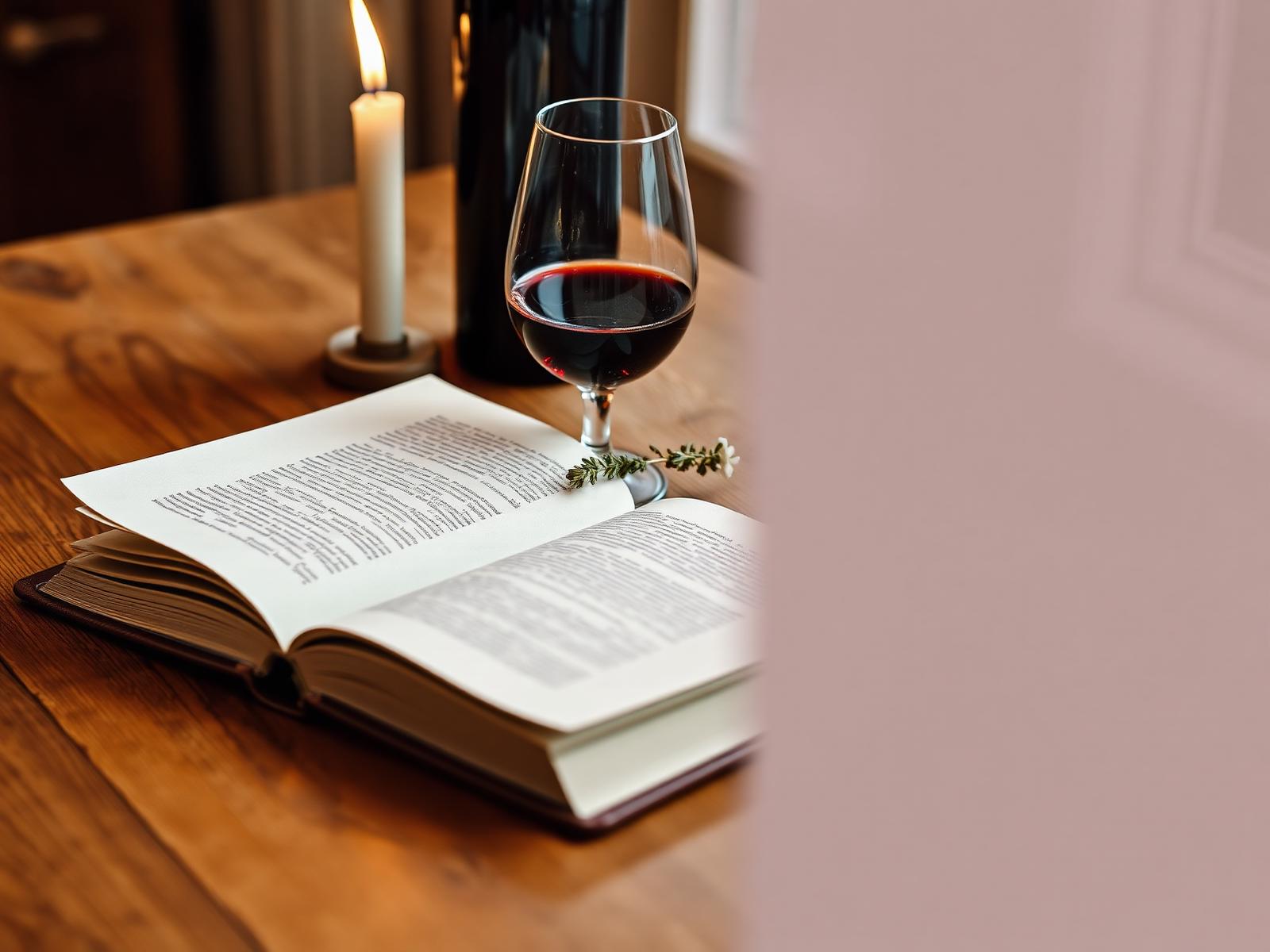 An open journal, a glass of red wine and a candle on a warm oak table